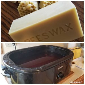 collage of block od beeswax and pot of melted honey